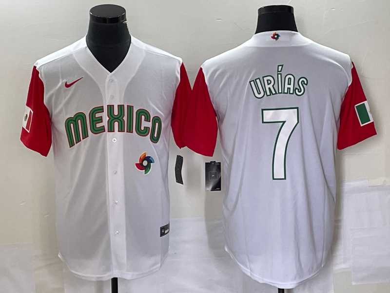 Mens Mexico Baseball #7 Julio Urias Number 2023 White Red World Classic Stitched Jersey 39